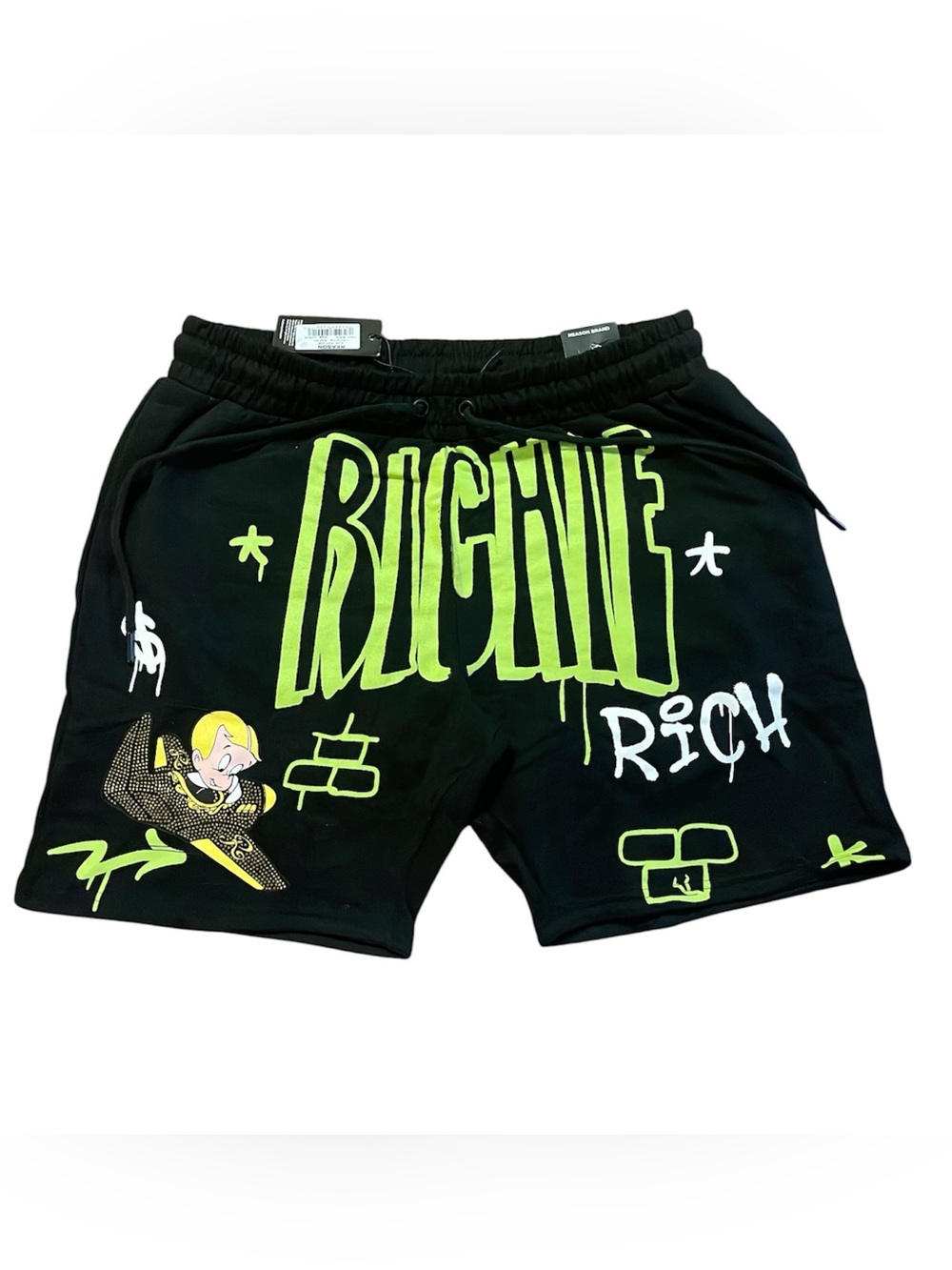 Richie Rich Graphic Black Men's Shorts with Neon Green Print